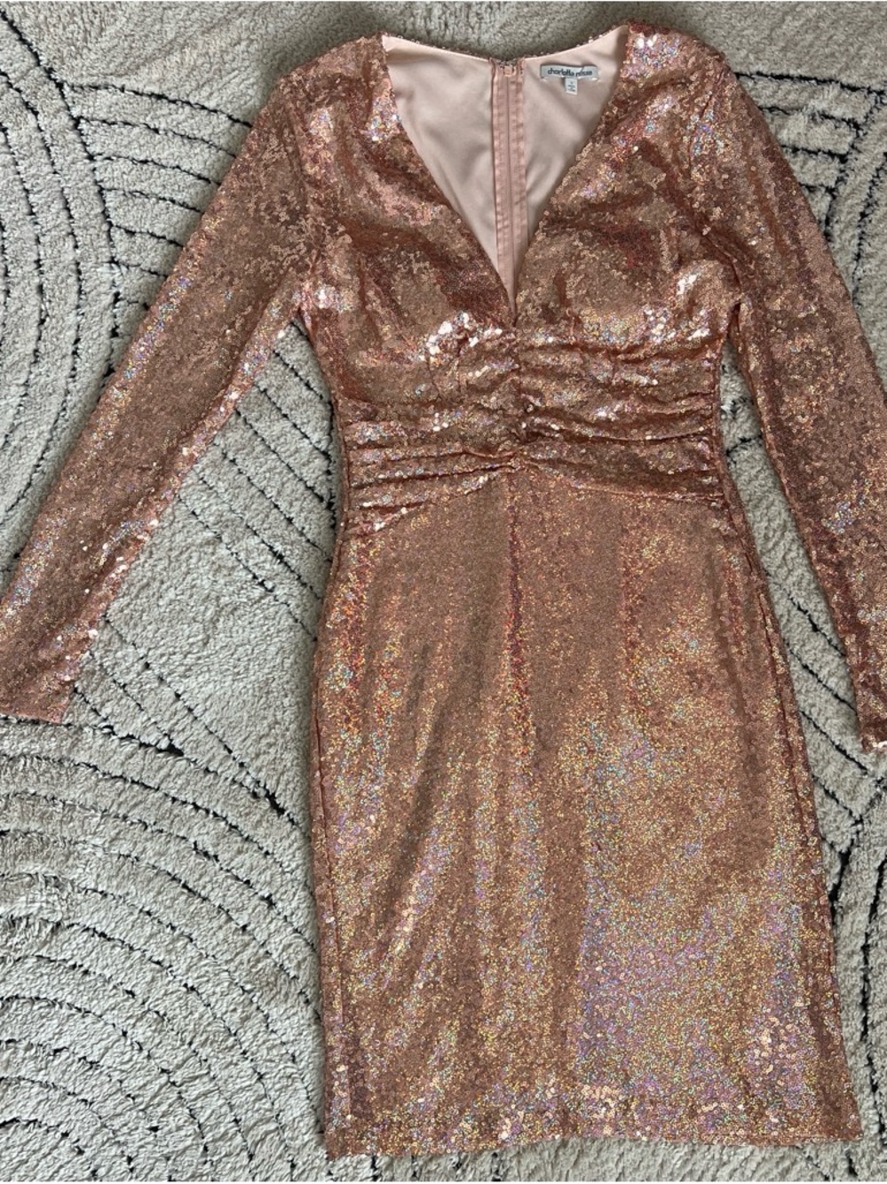 Charlotte Russe Rose Gold Sequin Long Sleeve V-Neck Dress